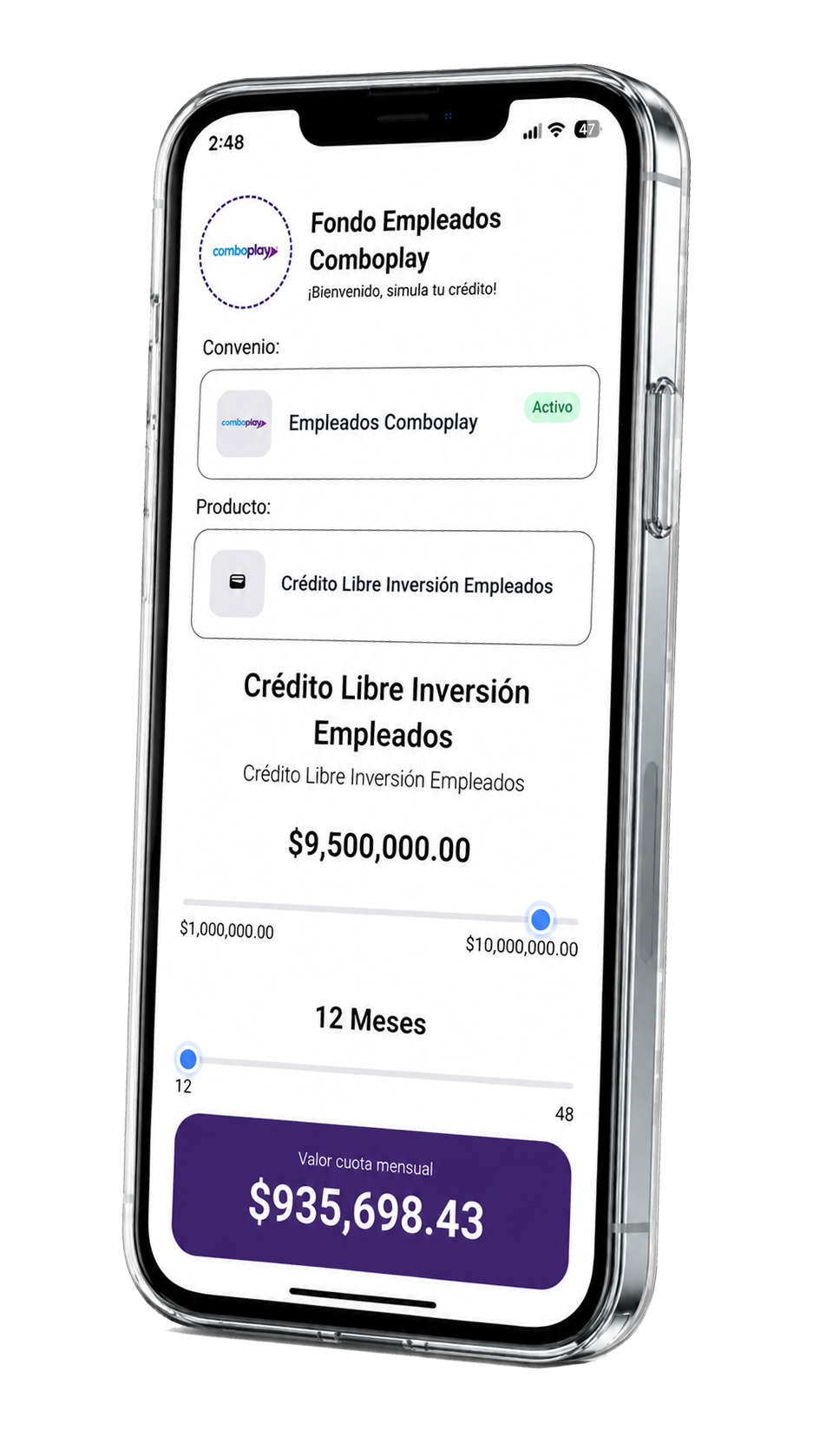 Aplicación CrediApp mostrando un crédito aprobado